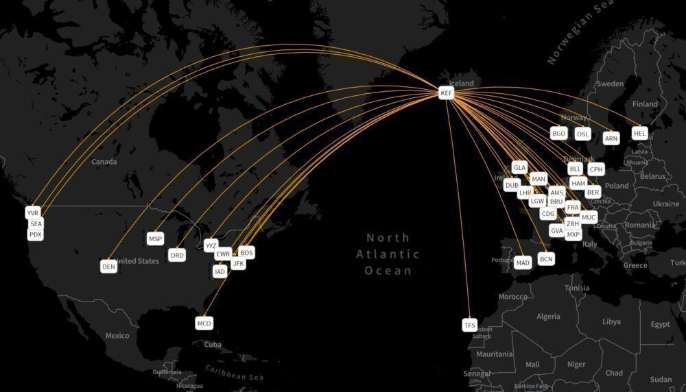 Icelandair's route network in August 2021