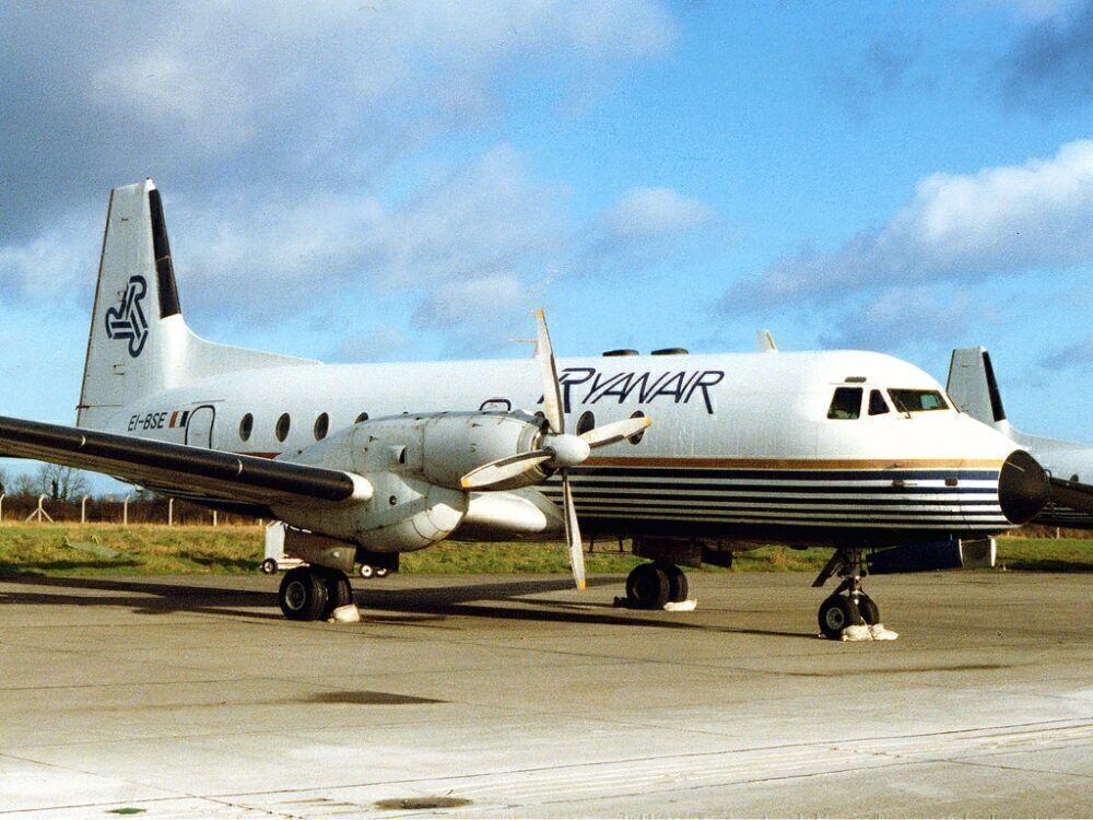 A Ryanair Hawker Siddeley HS 748 parked at an airport.