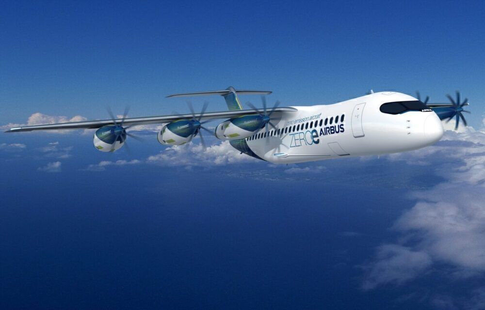 An Airbus ZEROe fuel cell concept aircraft.