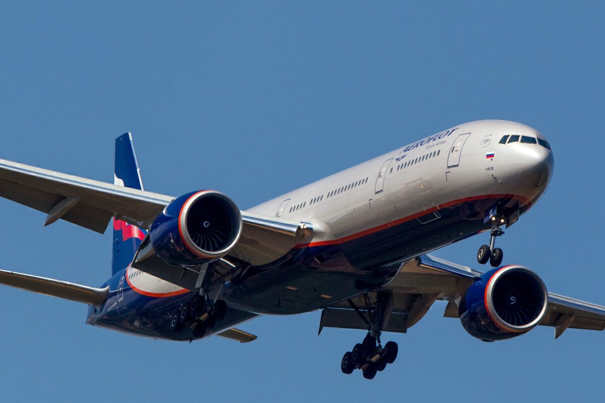 Boeing 777-300ER civil jet airplane of Aeroflot Russian Airlines approaches Sheremetyevo airport