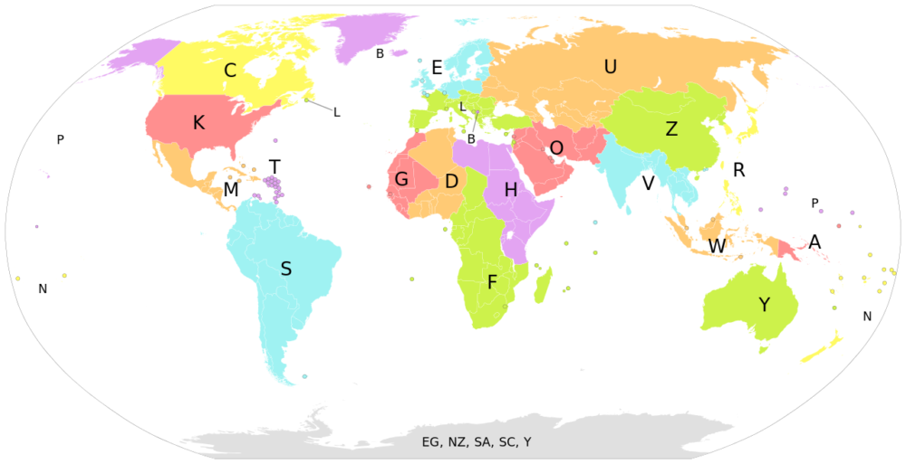A map of the ICAO first letter codes for different regions around the world.
