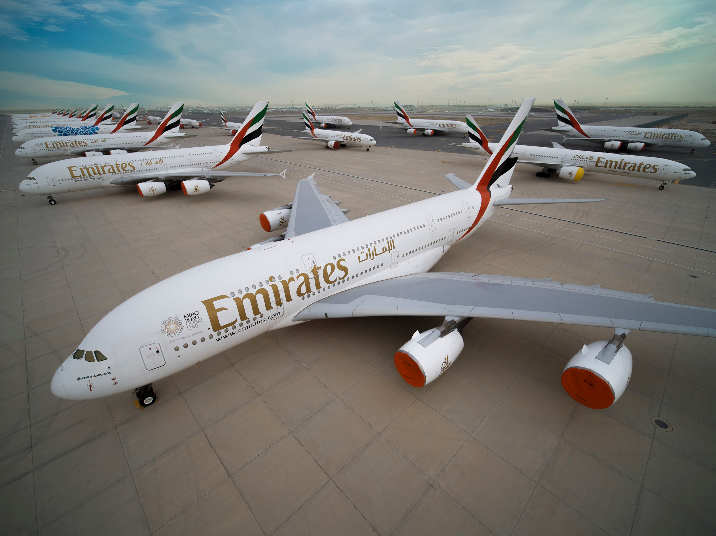 Aerial image showing Emirates Airbus A380s grounded at Dubai World Central Airport in April 2020