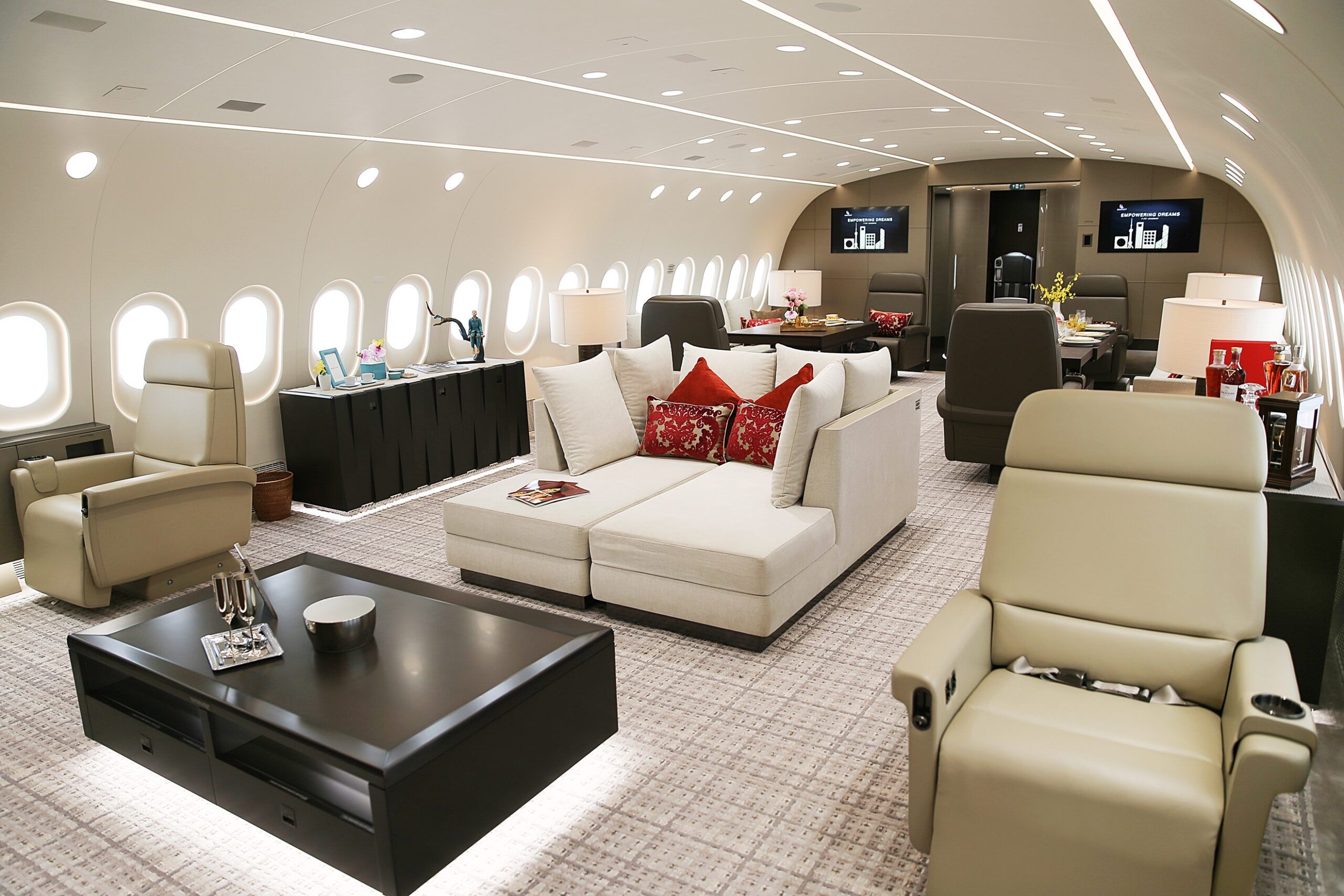 The interior of a private 787 Dreamliner jet.