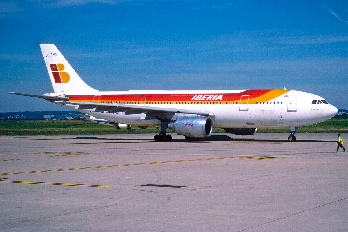 An Iberia Airbus A300 taxiing to the gate.