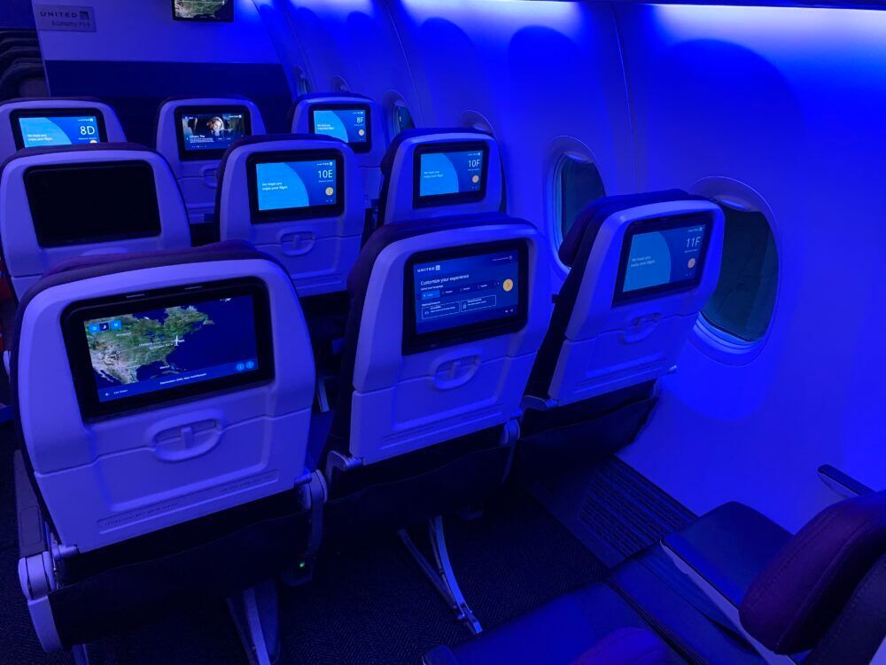 Seatback screens in United Airlines Boeing 737 MAX 8’s economy class.