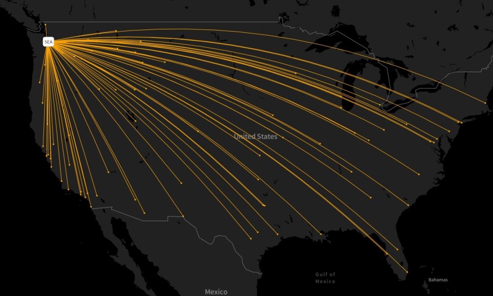 Alaska Airlines' lower 48 routes from Seattle in early November