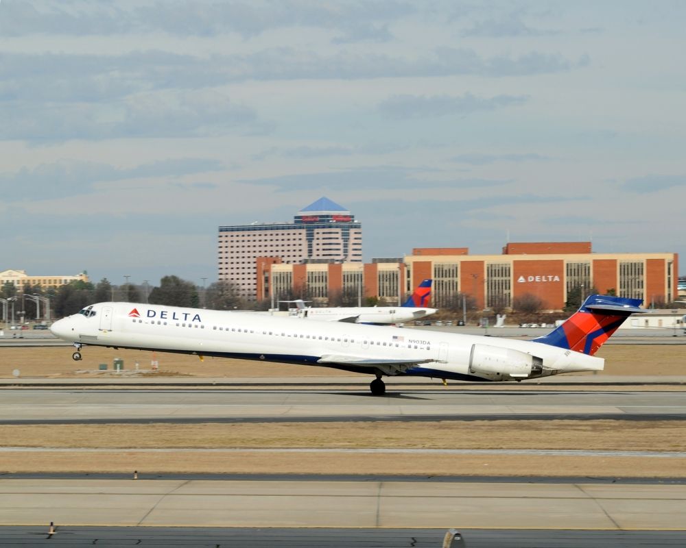 A Delta Air Lines MD-90 taking off.