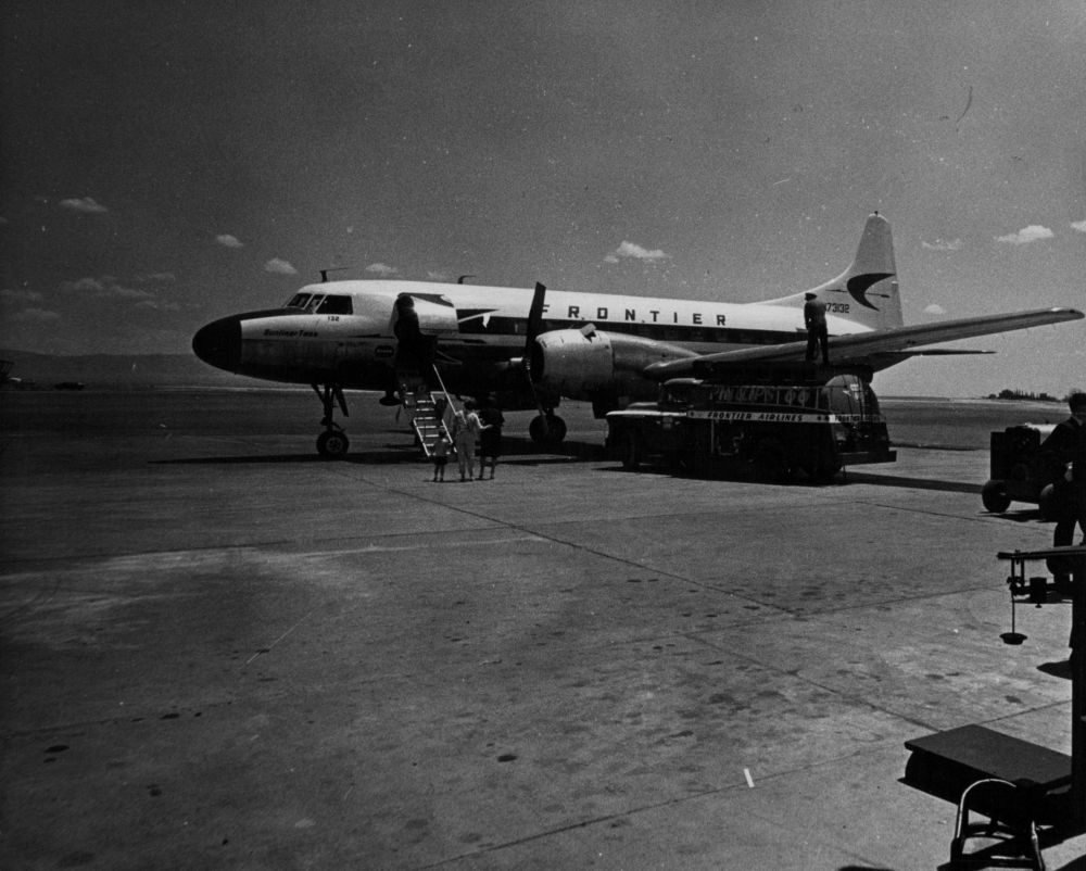 JUL 11 1963, JUL 21 1963; Frontier Airlines Convair on inaugural non-stop flight from Denver Unloads