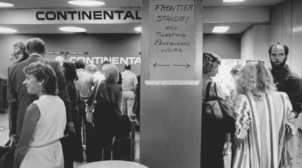 8/24/1986, 9-1986; Stapleton Closing of Frontier Airlines shot of people waiting at the continental