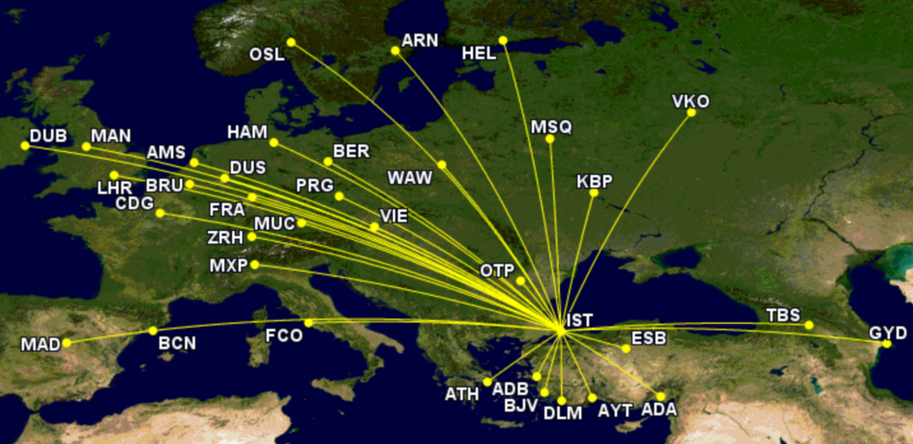 Turkish Airlines' widebody routes Europe, Turkey, Caucasus week beginning September 20th 2021