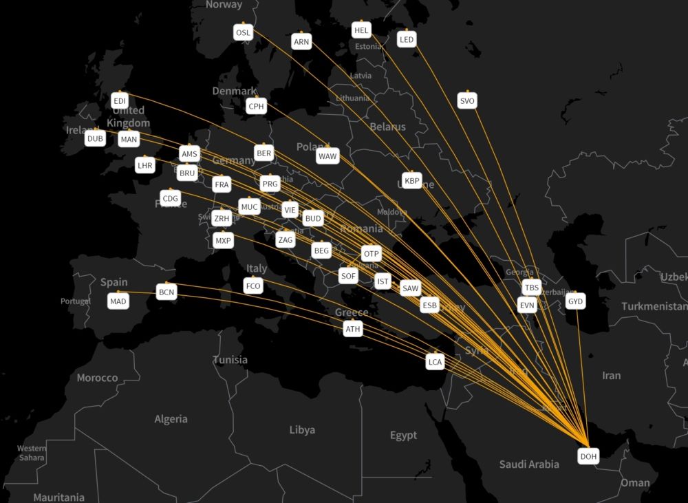Qatar Airways' Europe, Turkey, Caucasus network November 2021