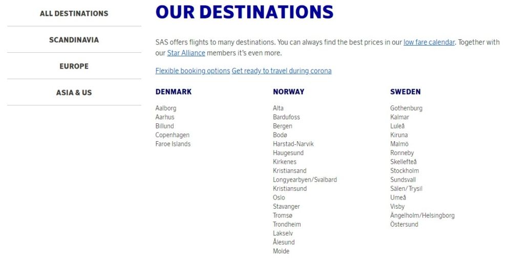 SAS Scandinavia Destinations