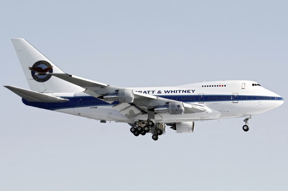 The Pratt & Whitney Boeing 747 Testbed flying in the sky.