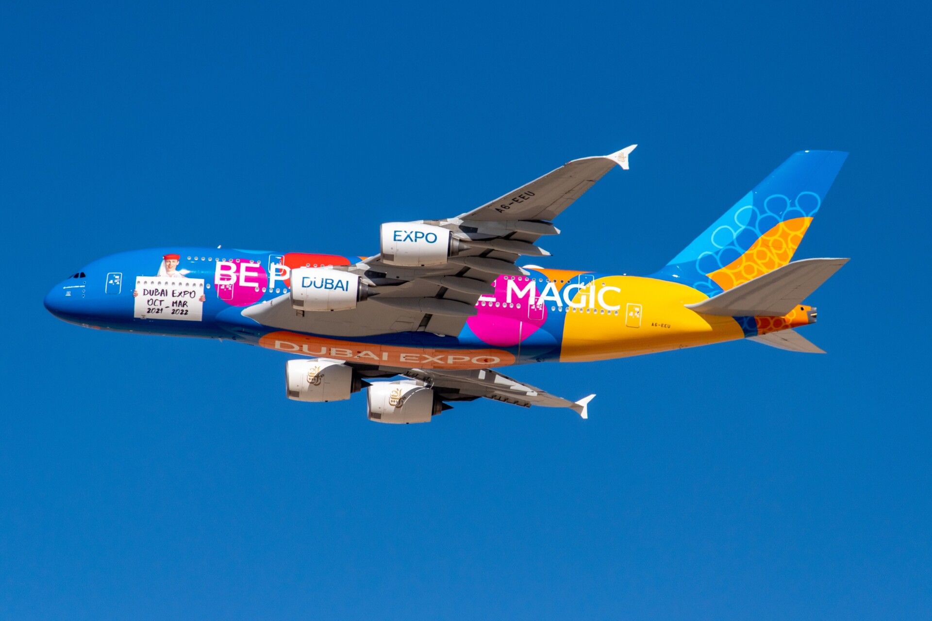 An Emirates Airbus A380 wearing the Expo 2020 livery.