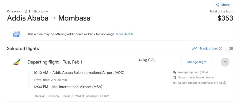 Ethiopian Airlines to Mombasa February 1st