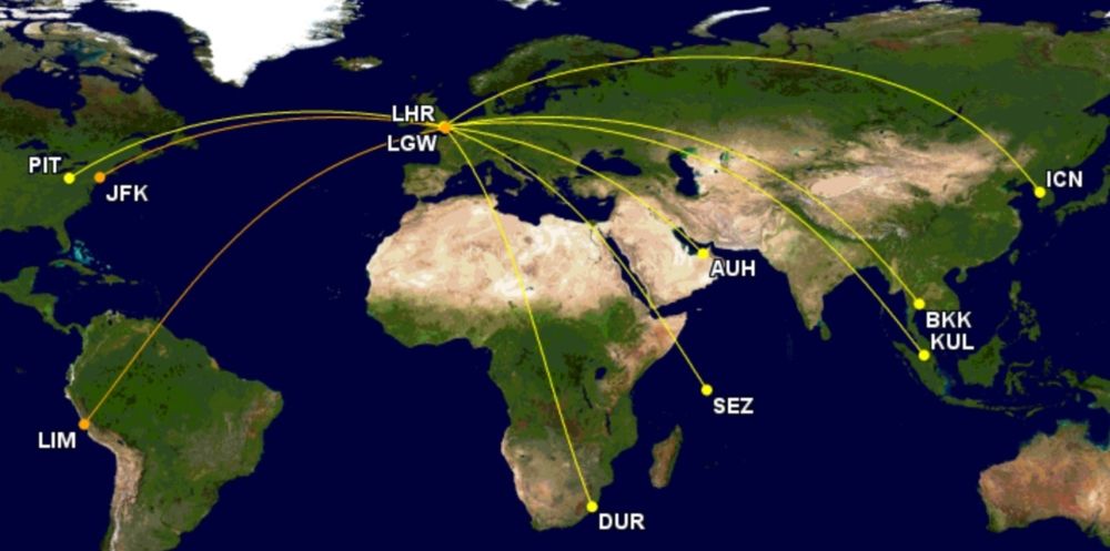 Long haul routes from Heathrow and Gatwick