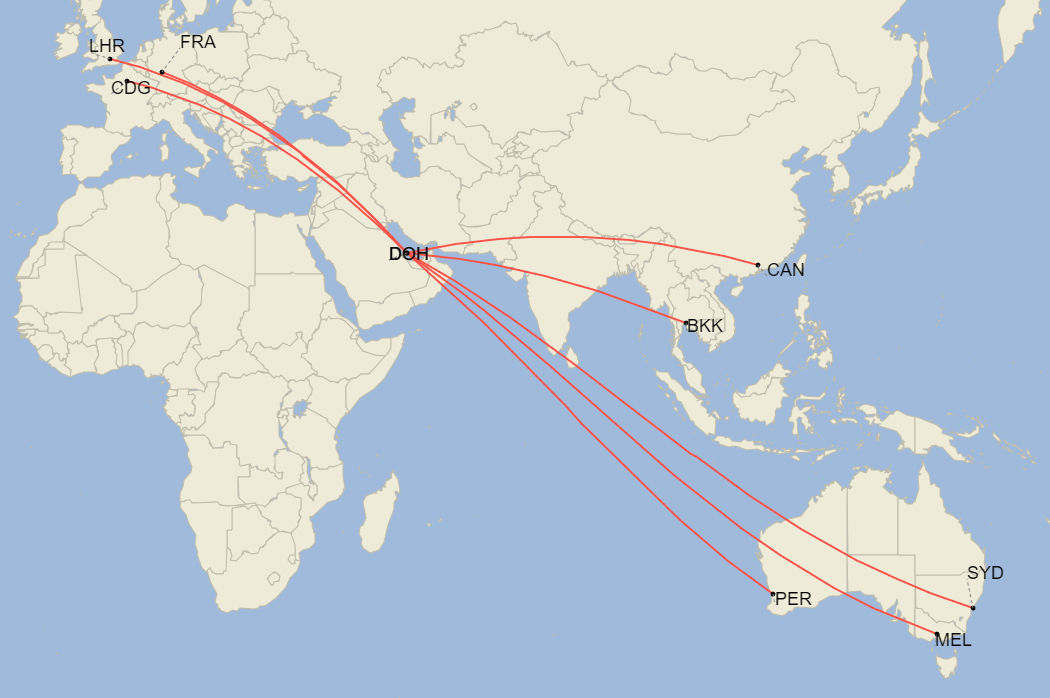 Qatar Airways, Airbus A380, Routes