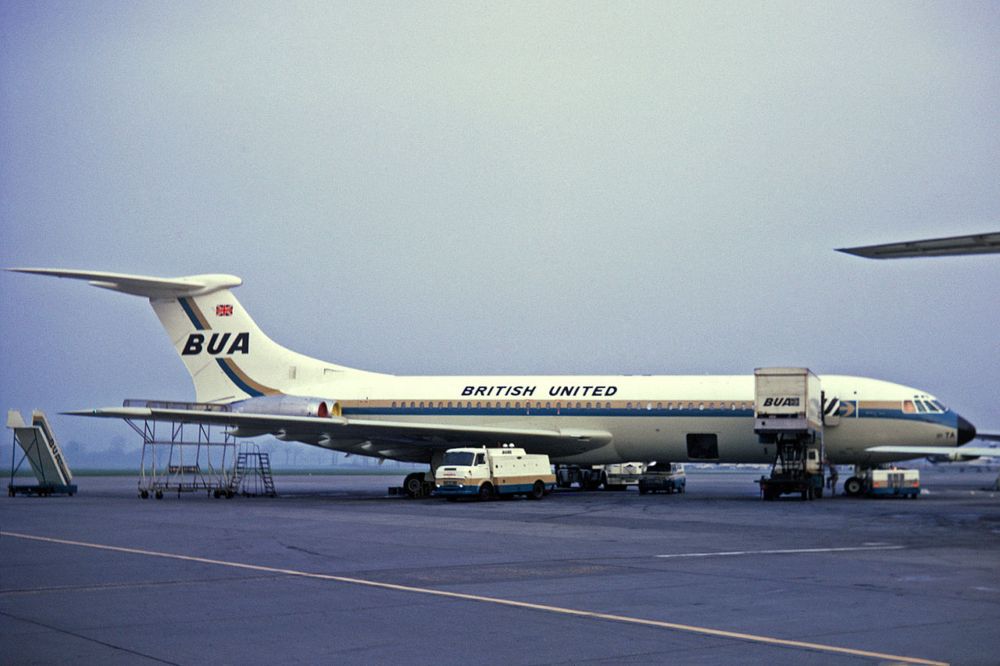 A British United Airways Vickers VC-10 parked at an airport.