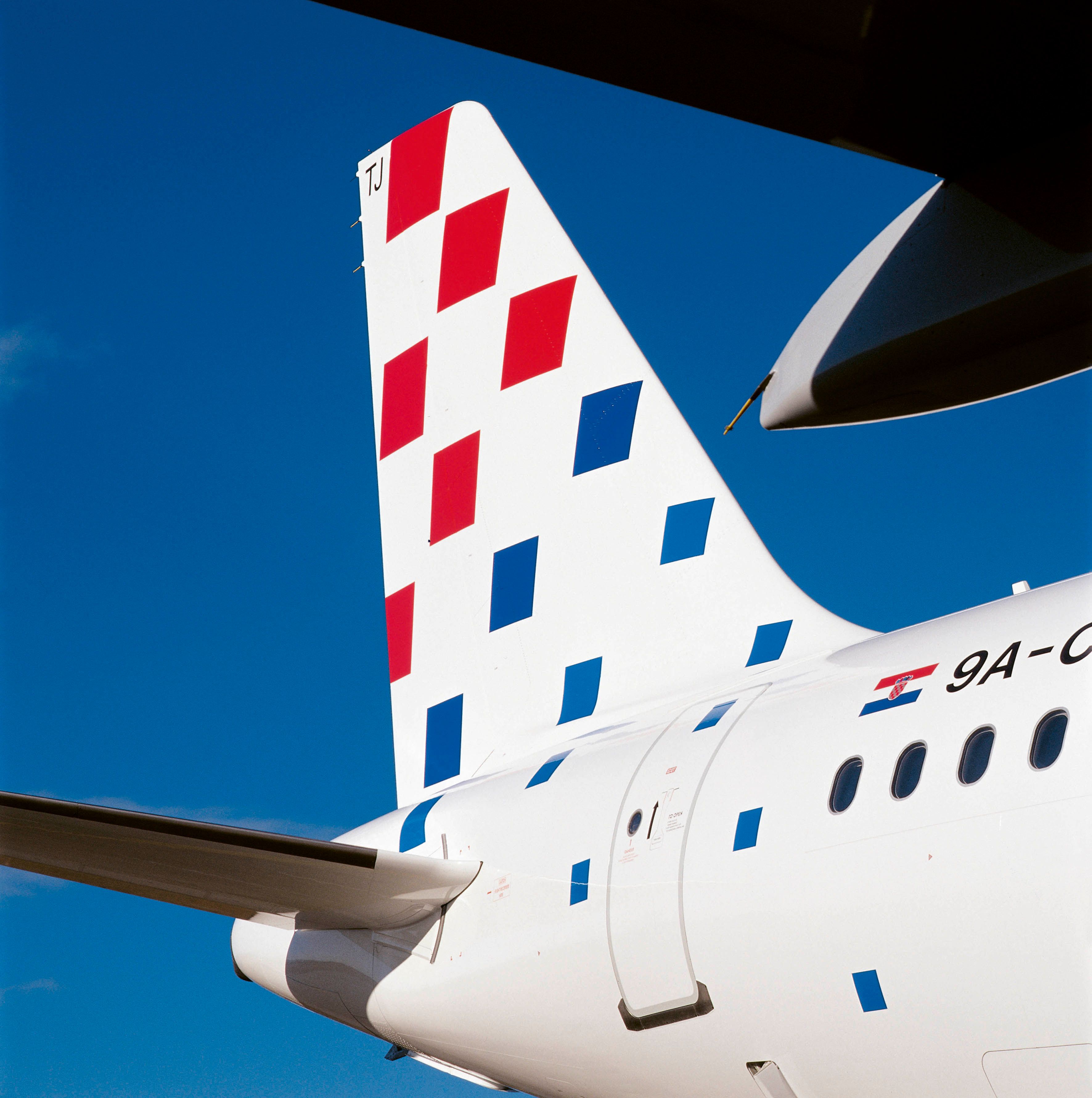 A closeup of the tail of a Croatia Airlines aircraft.