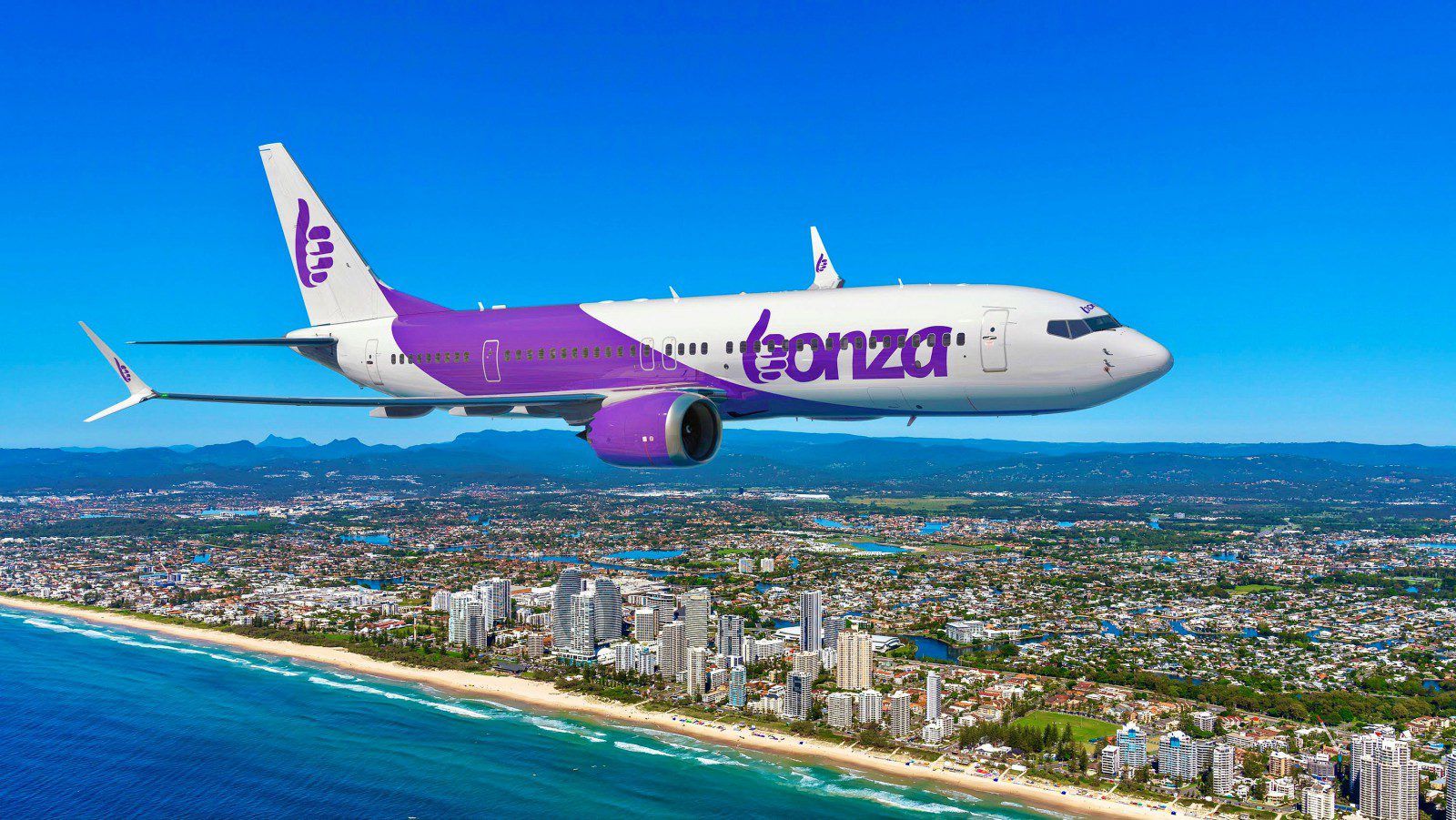Bonza 737 MAX 8 flying over the Gold Coast
