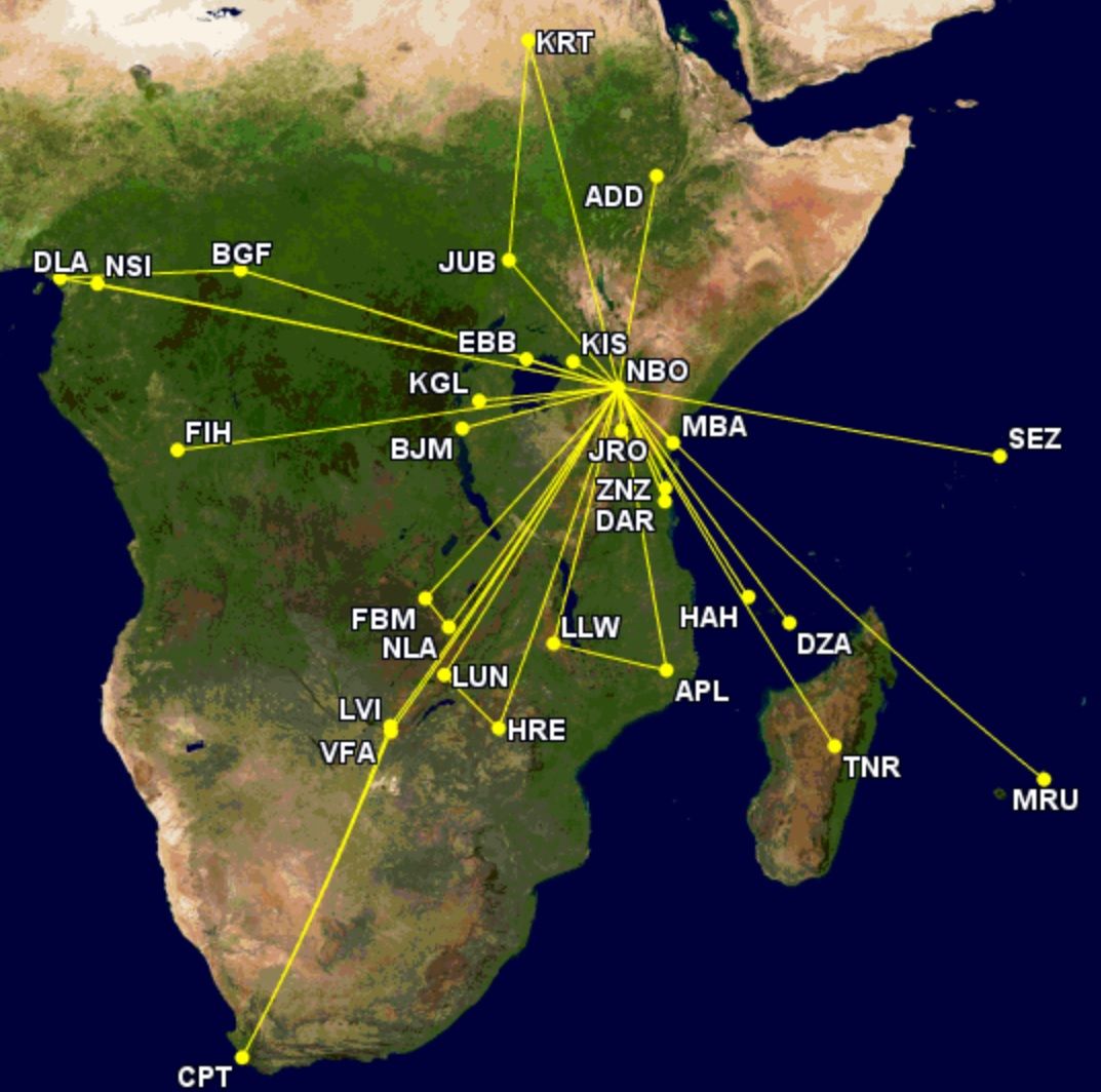Kenya Airways Embraer 190 route network February to August 2022