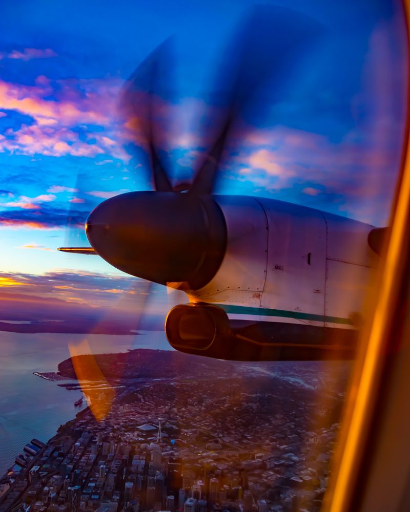 A Q400 Prop Bathing in the Seattle Sunset