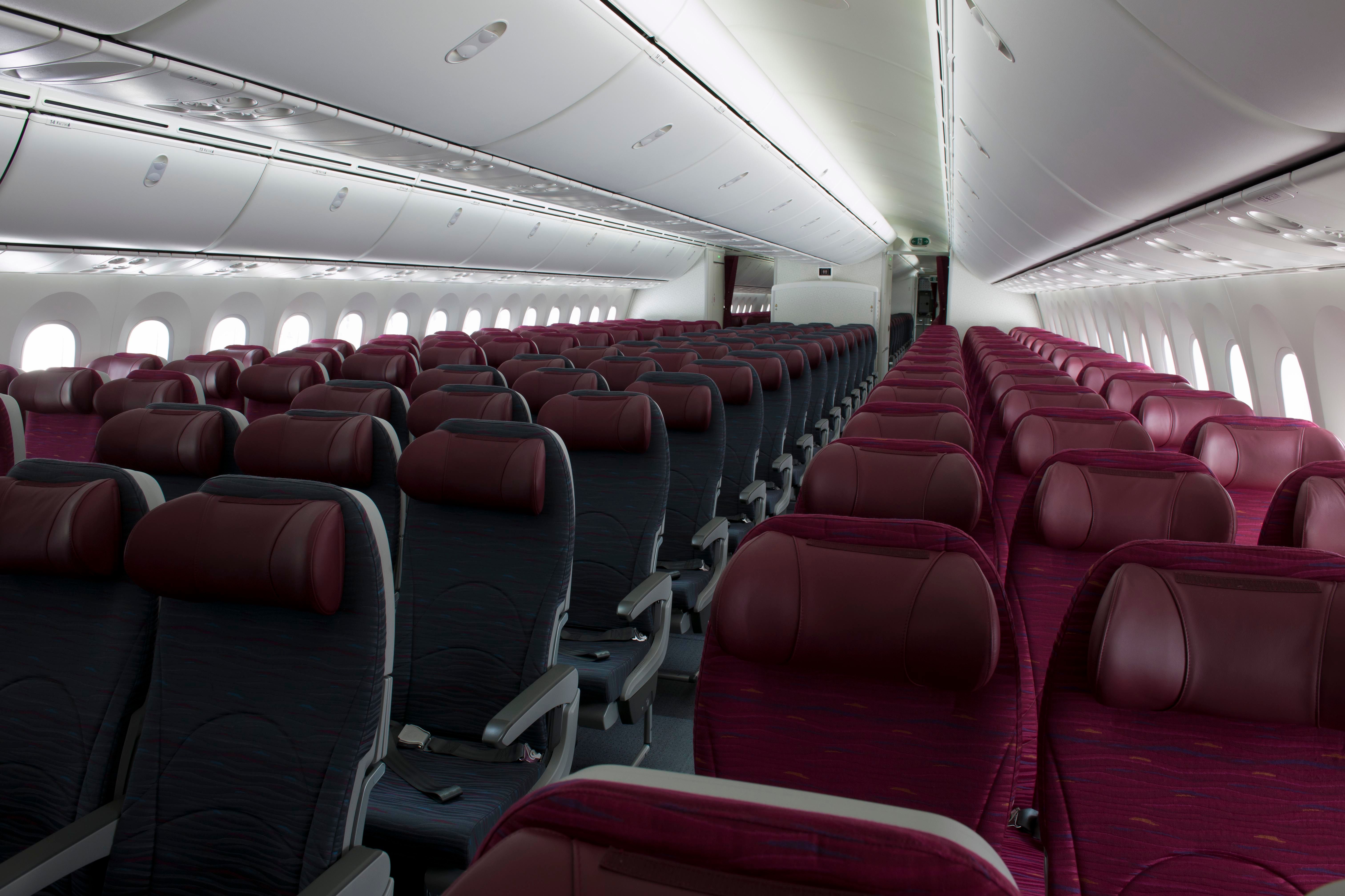 Inside the Qatar Airways economy class cabin on the Boeing 787.