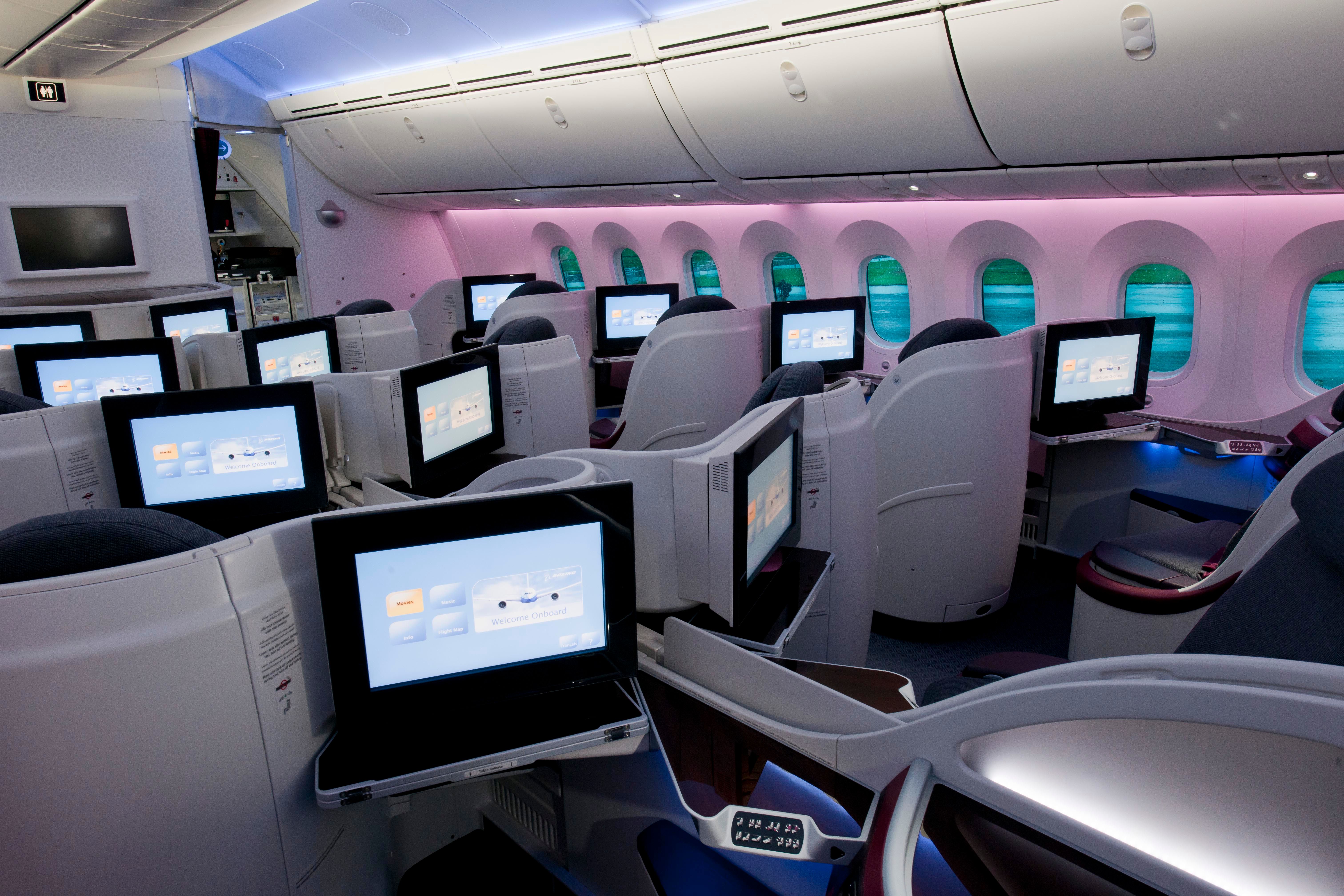 Inside the Qatar Airways business class cabin.