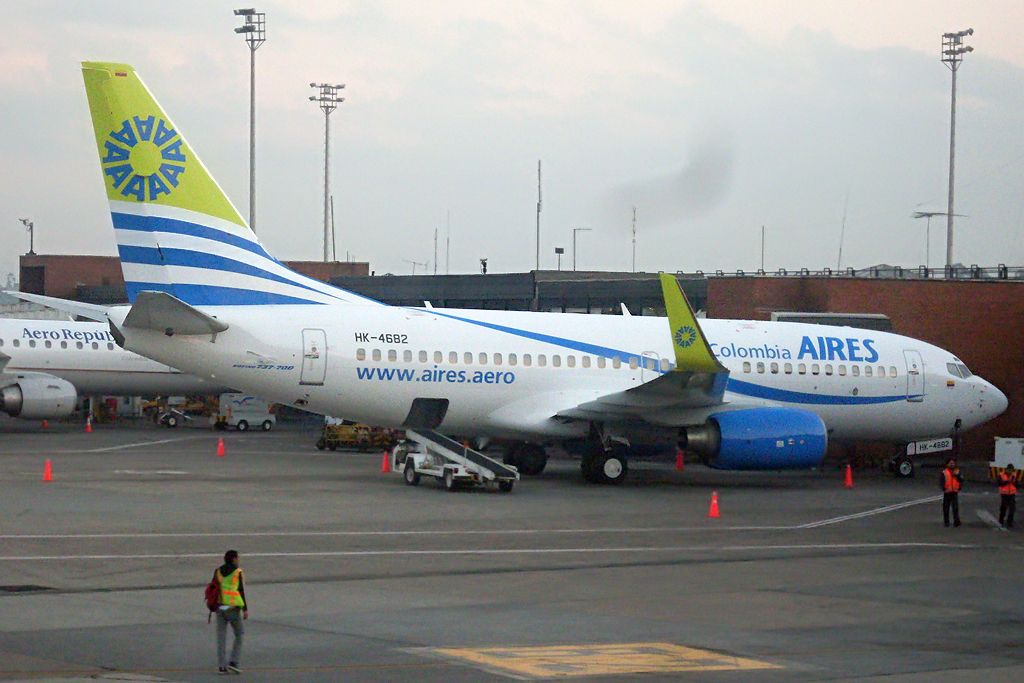 An AIRES Boeing 737-700 parked on an airport apron.