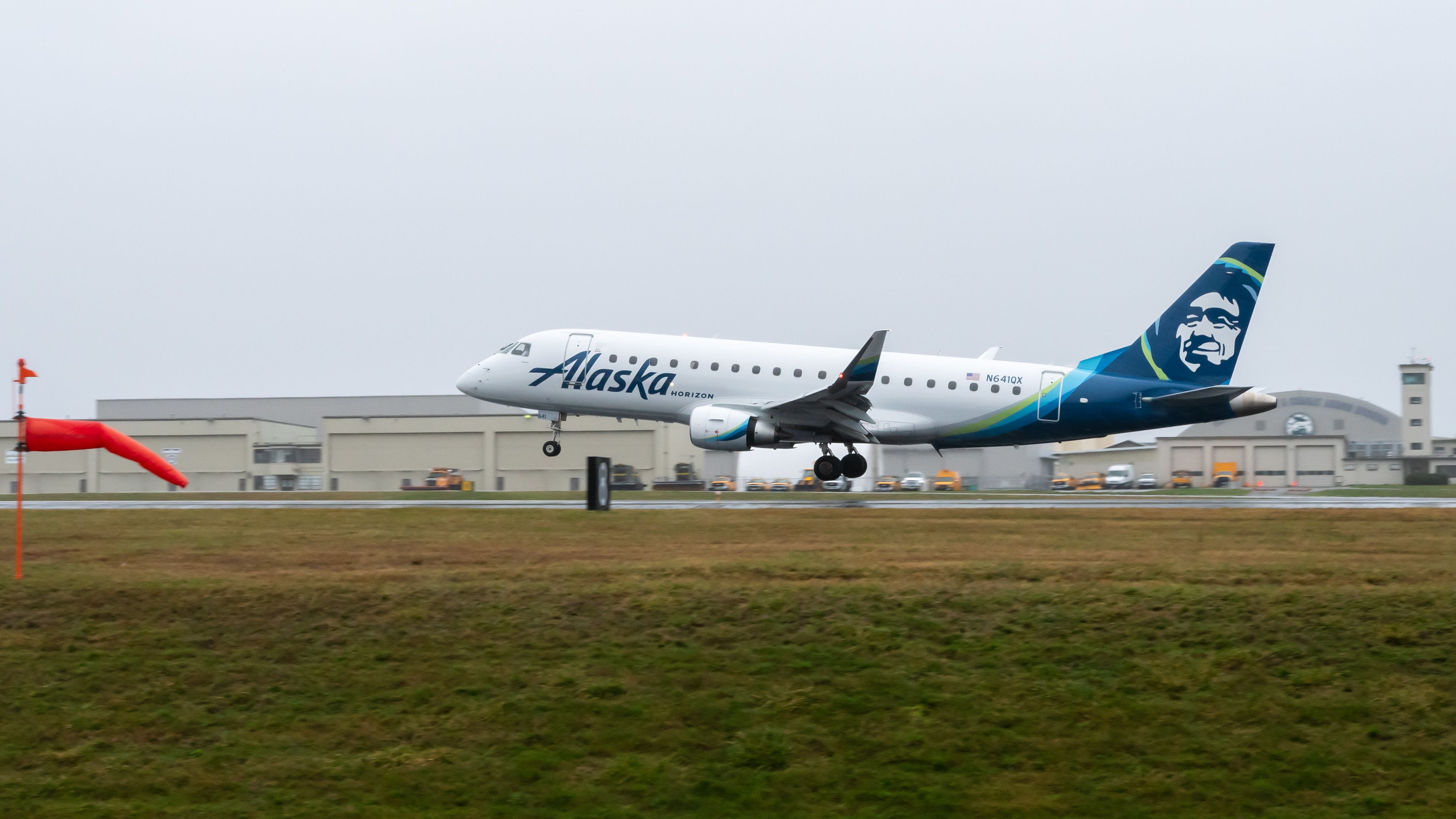 A Horizon E175 About to Land in the Damp at Paine Field