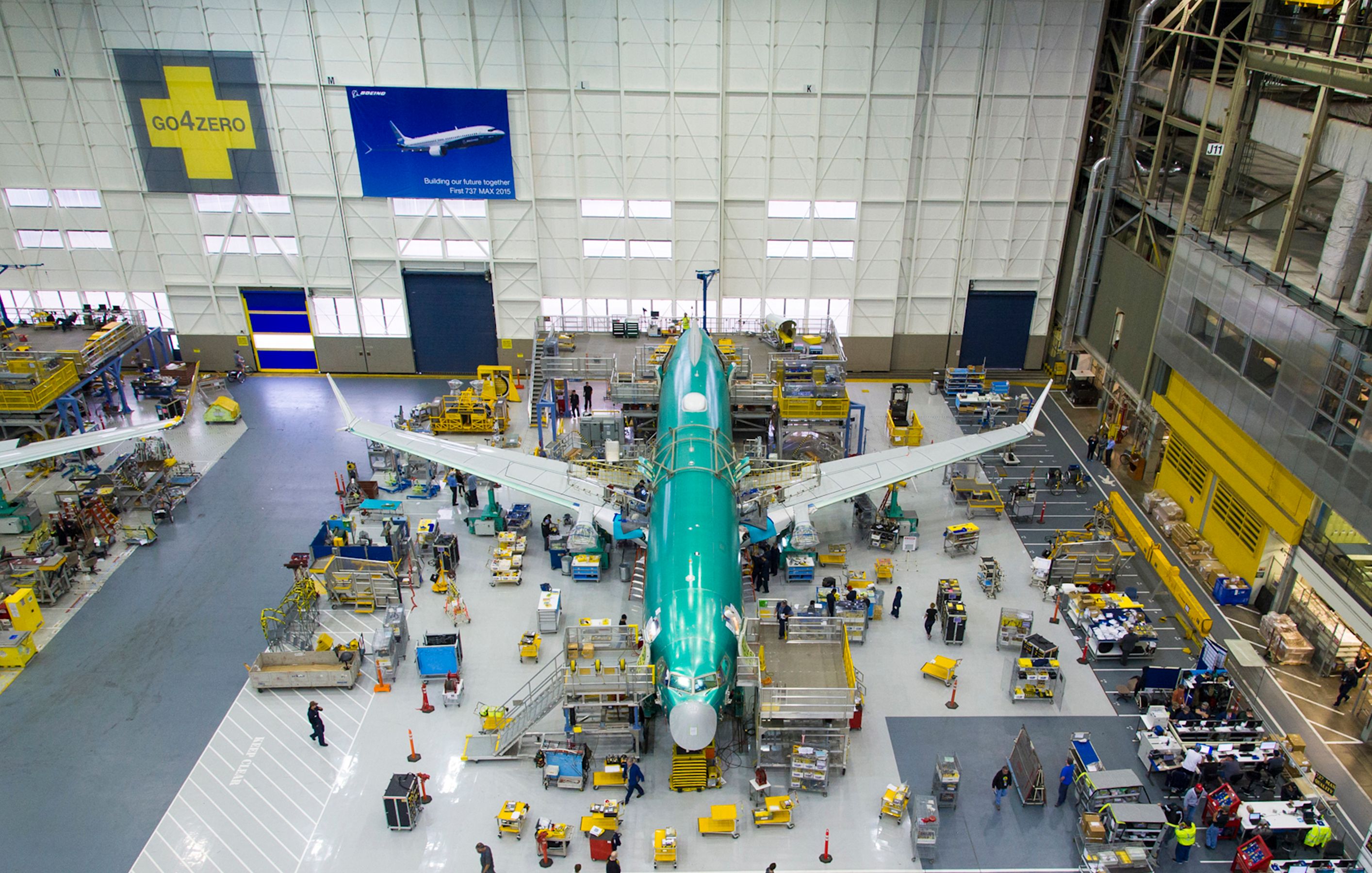 A 737 MAX on the Boeing assembly line. 