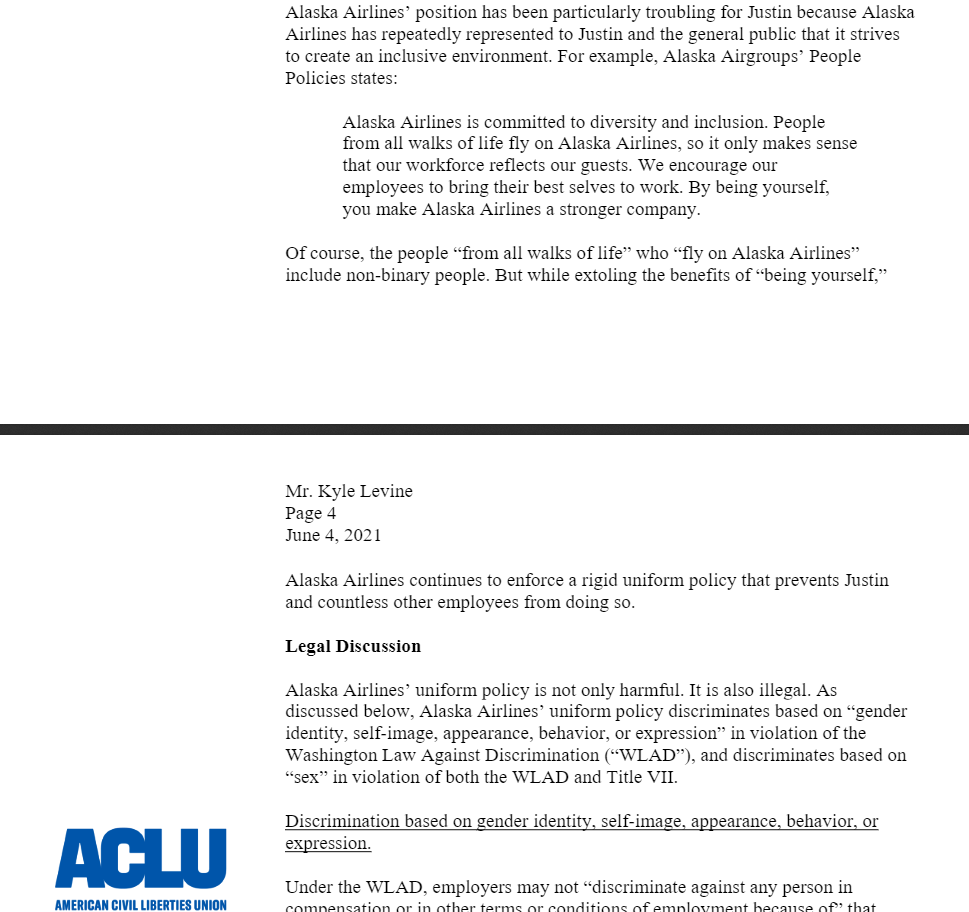 Screenshot of a 2021 ACLU Letter Showing How Alaska Airlines Legally Had to Change