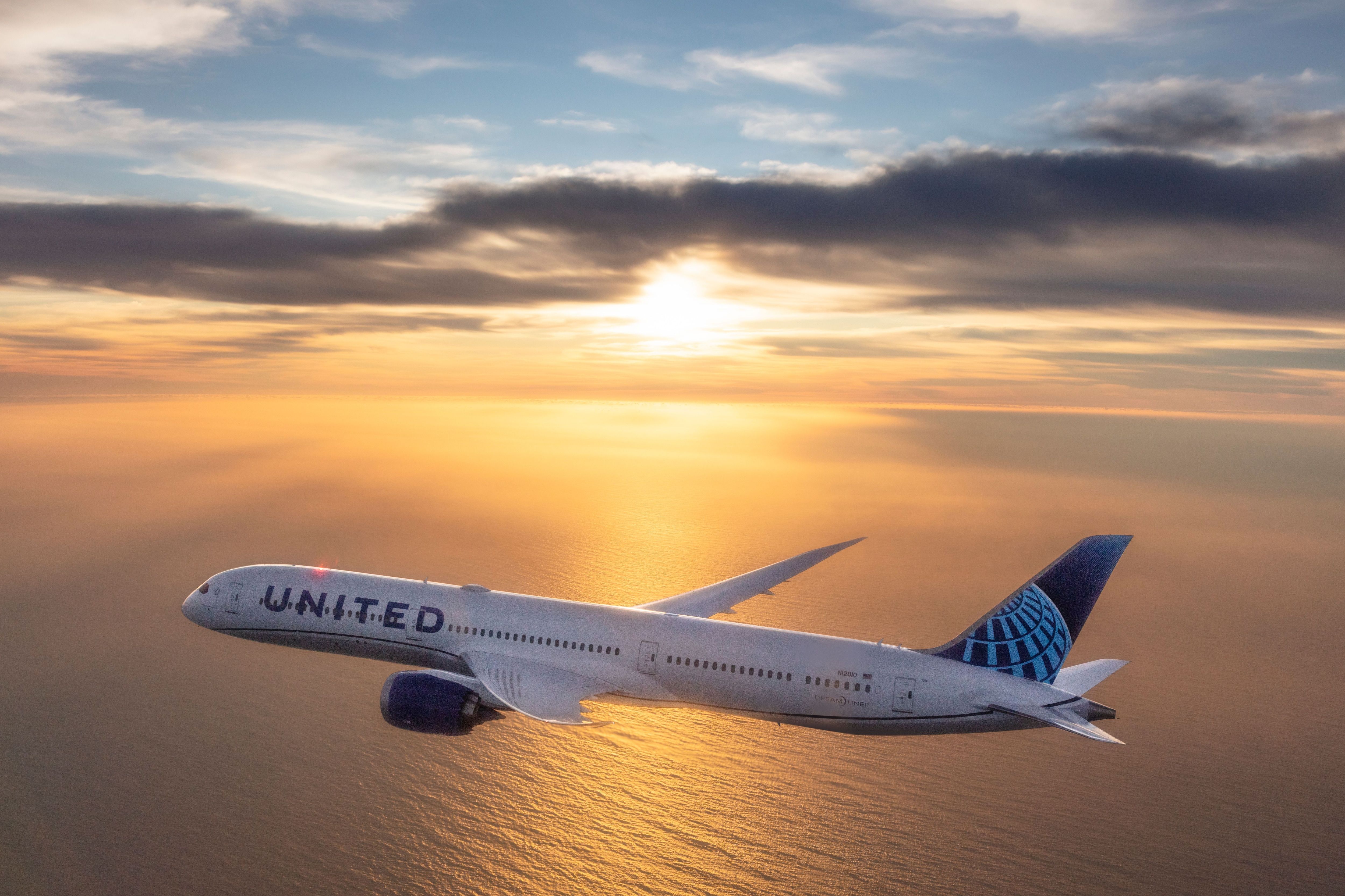United 787 in Flight During Sunset