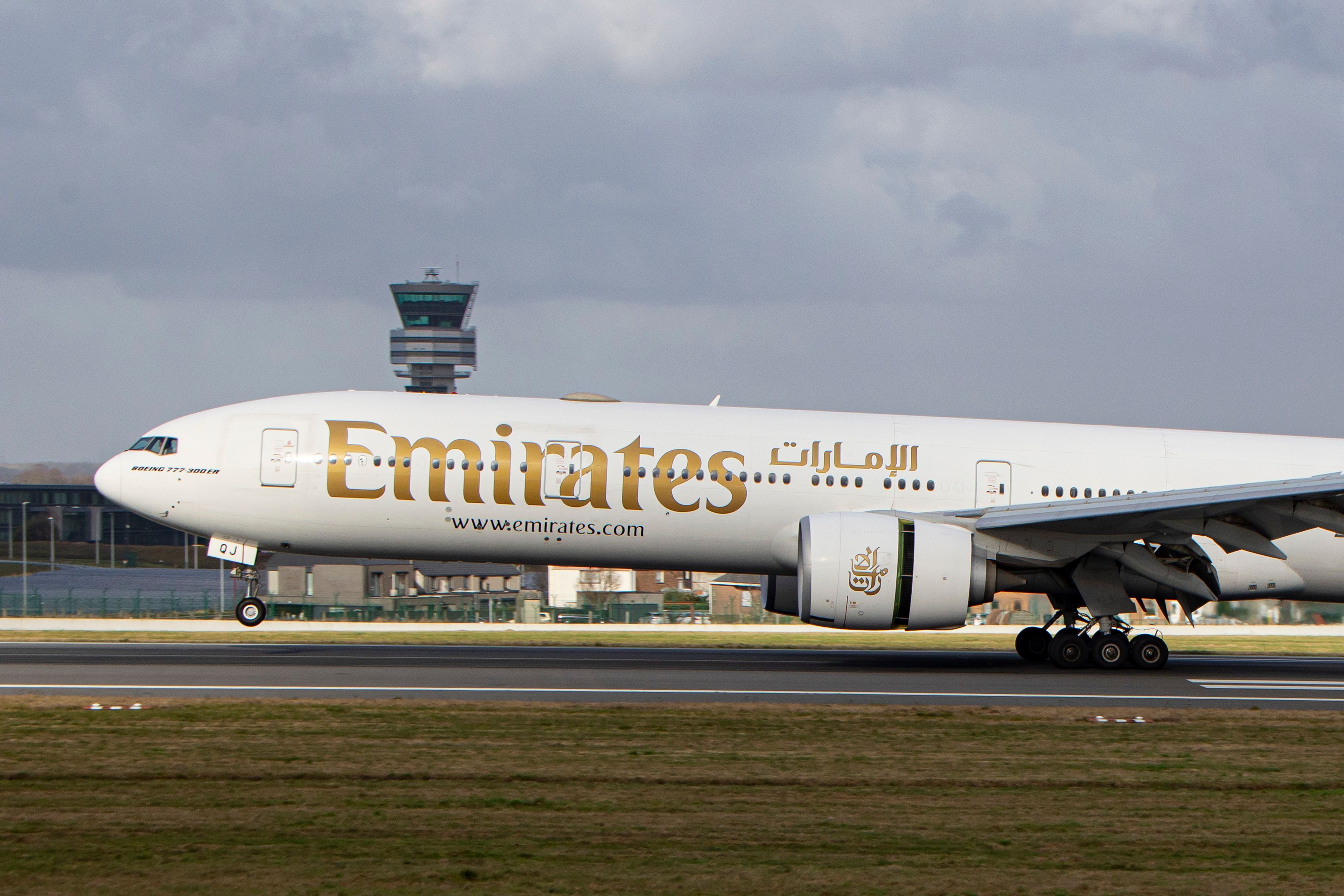 An Emirates Boeing 777 is pictured landing at Brussels Airport