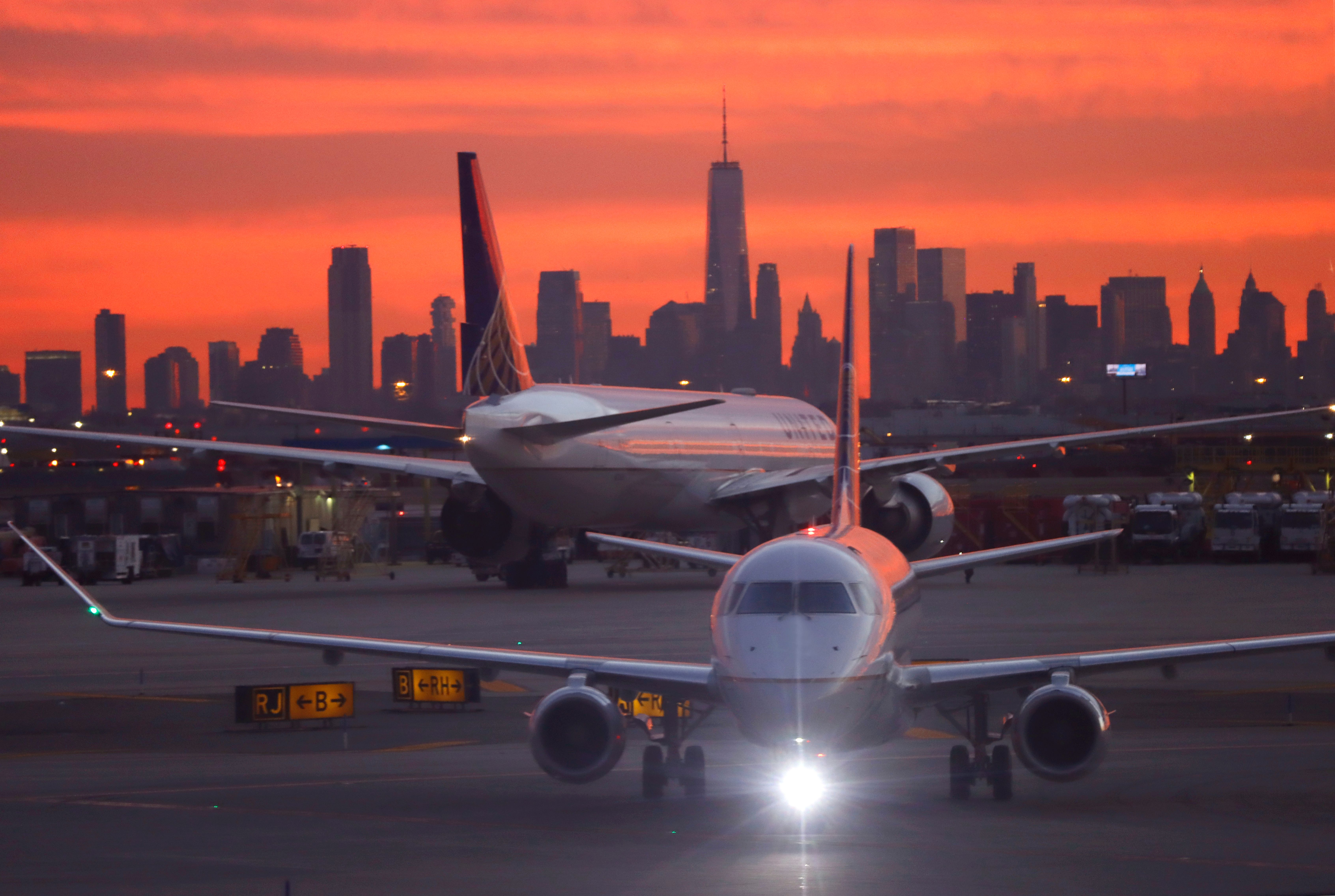 Planes at Newark Airport at sunset