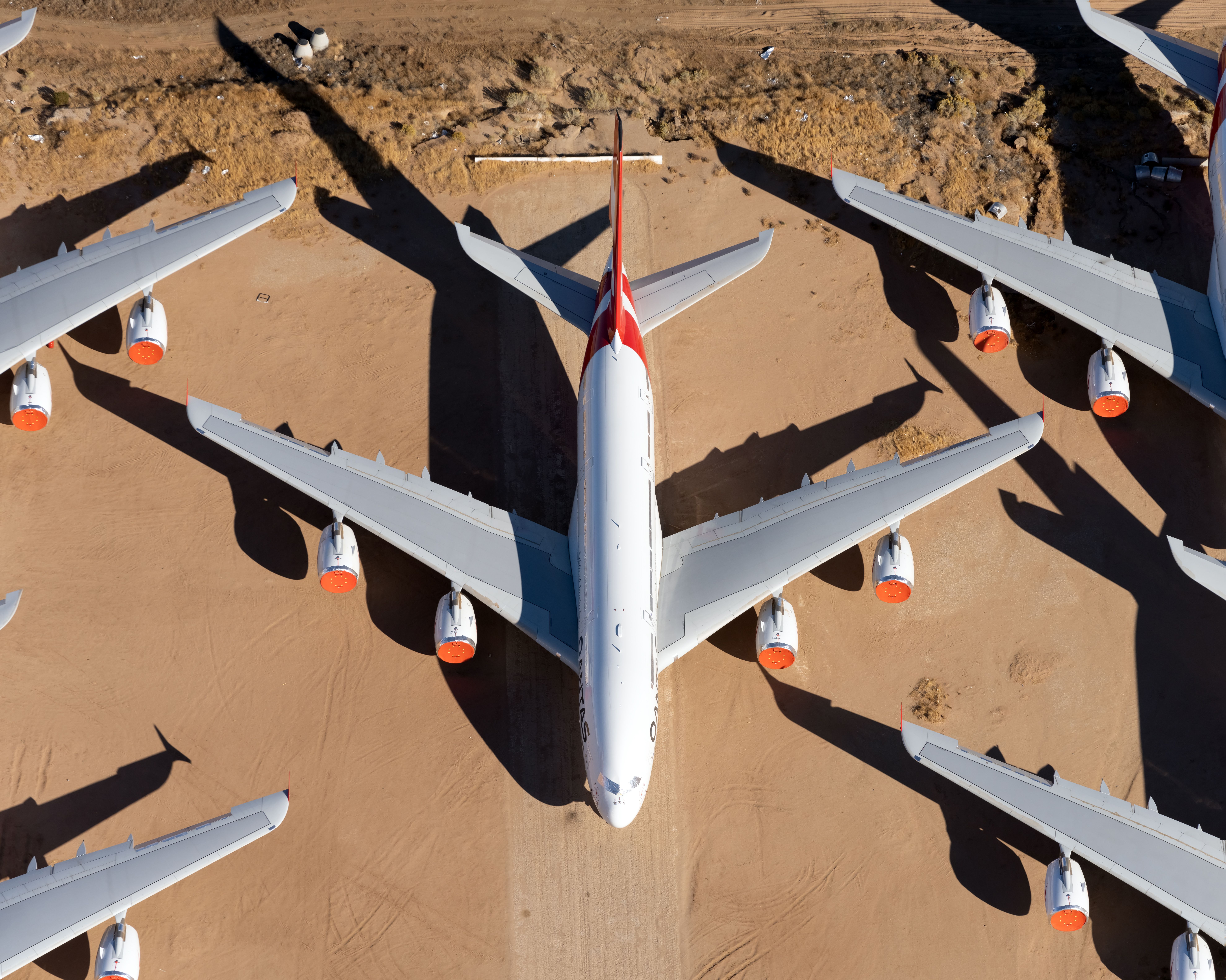 A Qantas Airbus A380-841 stored in a desert area.