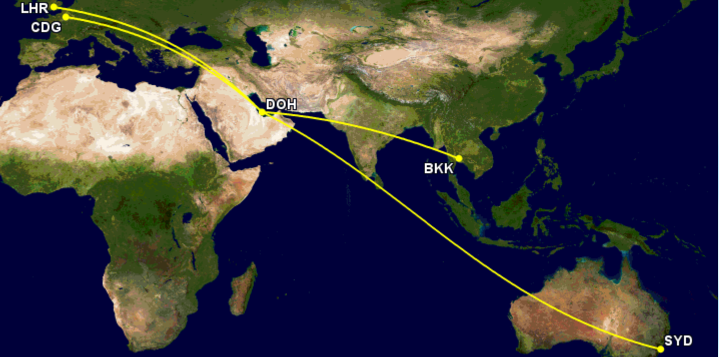 Qatar Airways' A380 network in mid-August 2022, as of April