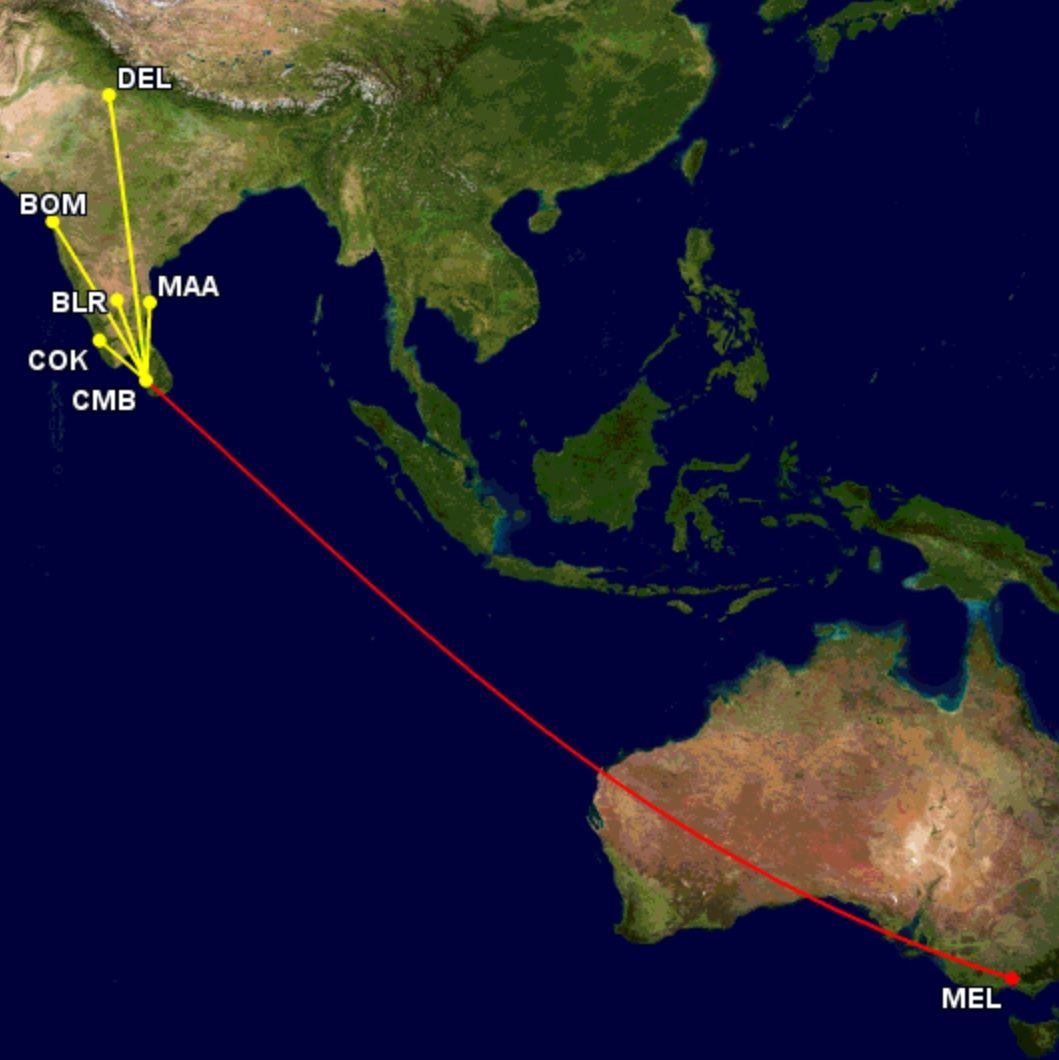 SriLankan's connecting routes to and from Melbourne in 2019