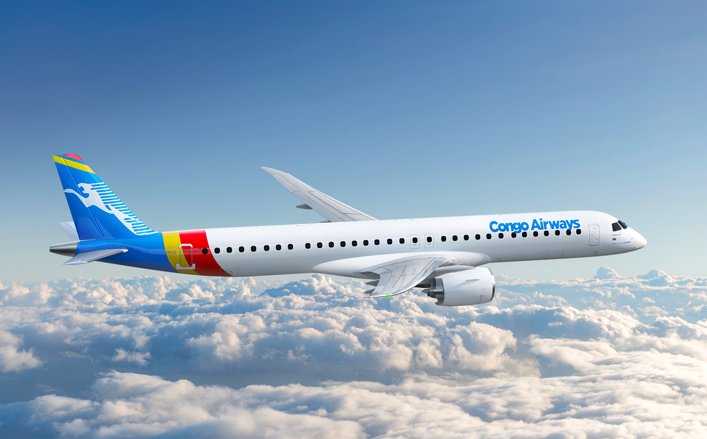 A render of a Congo Airways Embraer jet flying above the clouds.