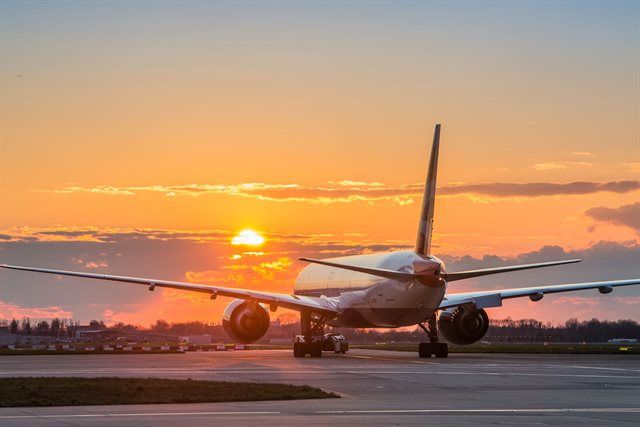 Heathrow runway at sunset 