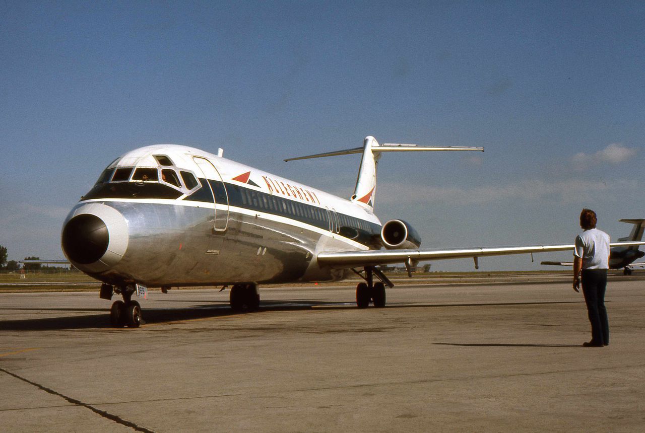 An Allegheny Airlines DC-9 on an airport apron.