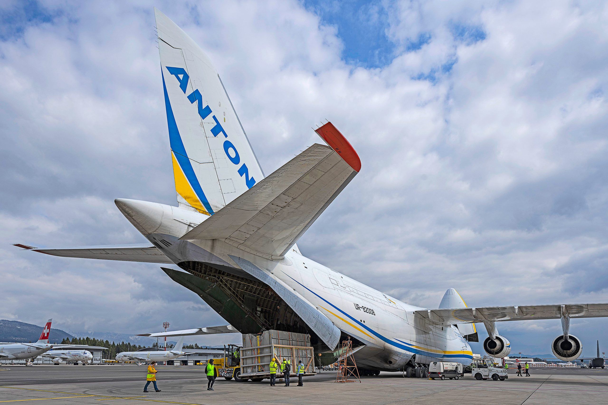Tail of Antonov 124 as it is being loaded with cargo