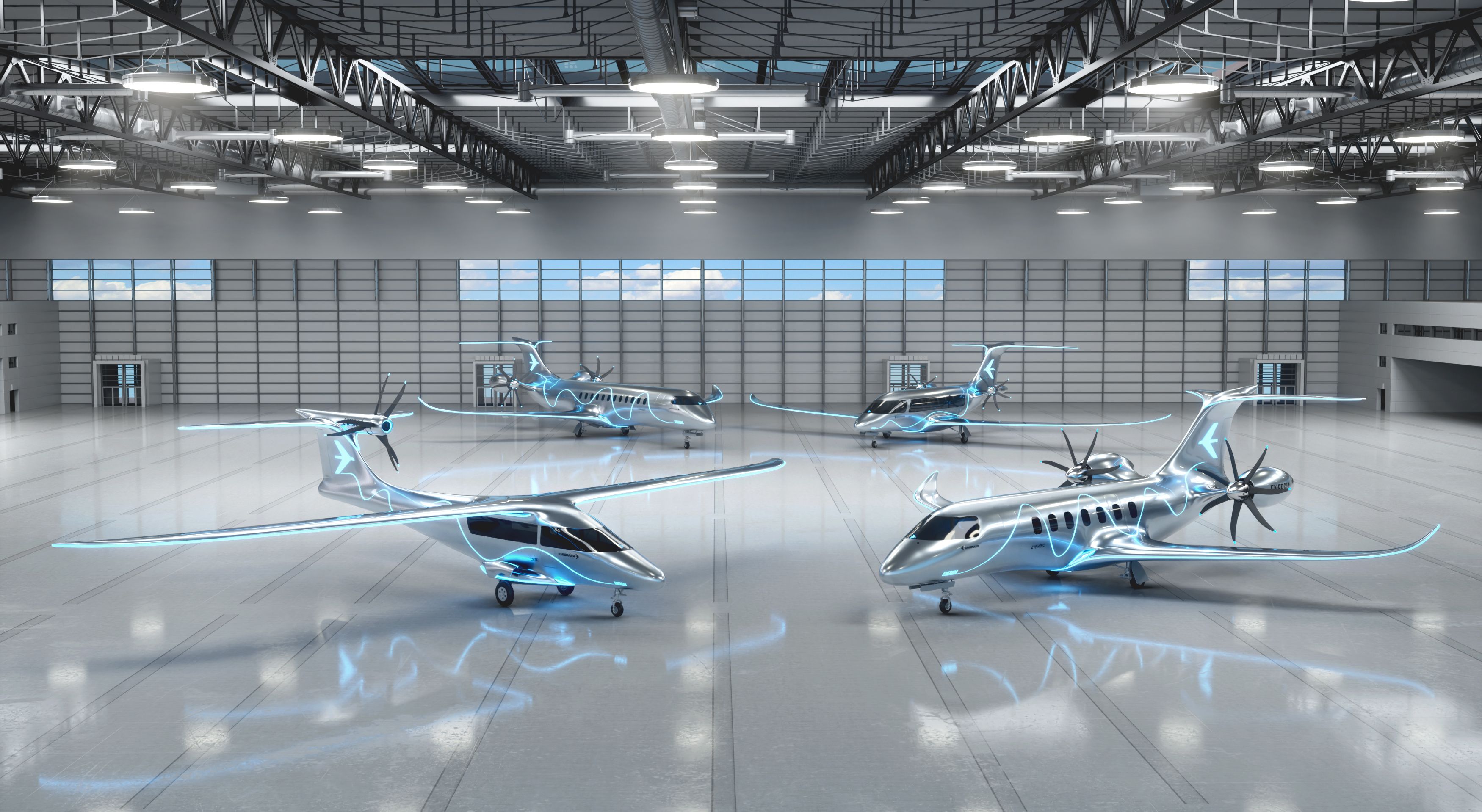 Computer rendering of the Energia Family aircraft inside closed hangar