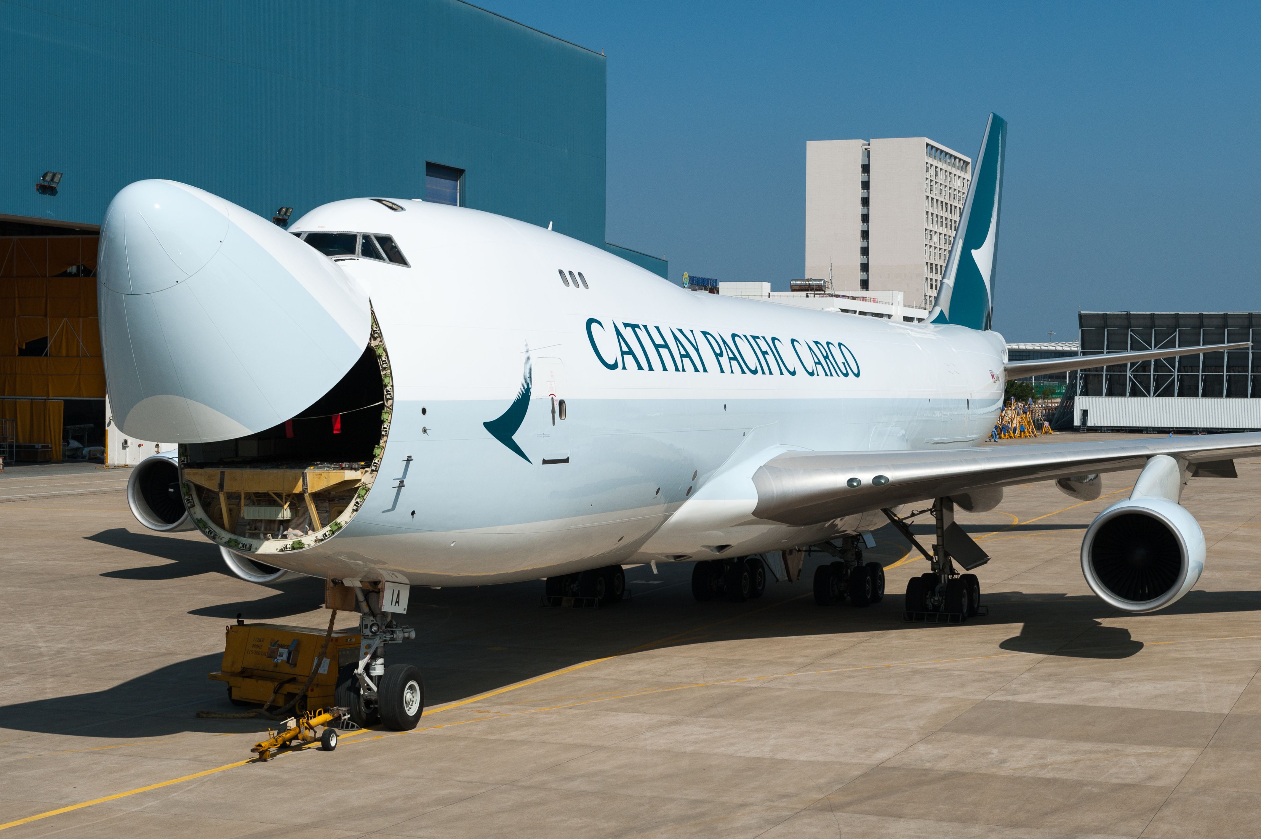 Cathay Pacific cargo Boeing 747 on apron being loaded 