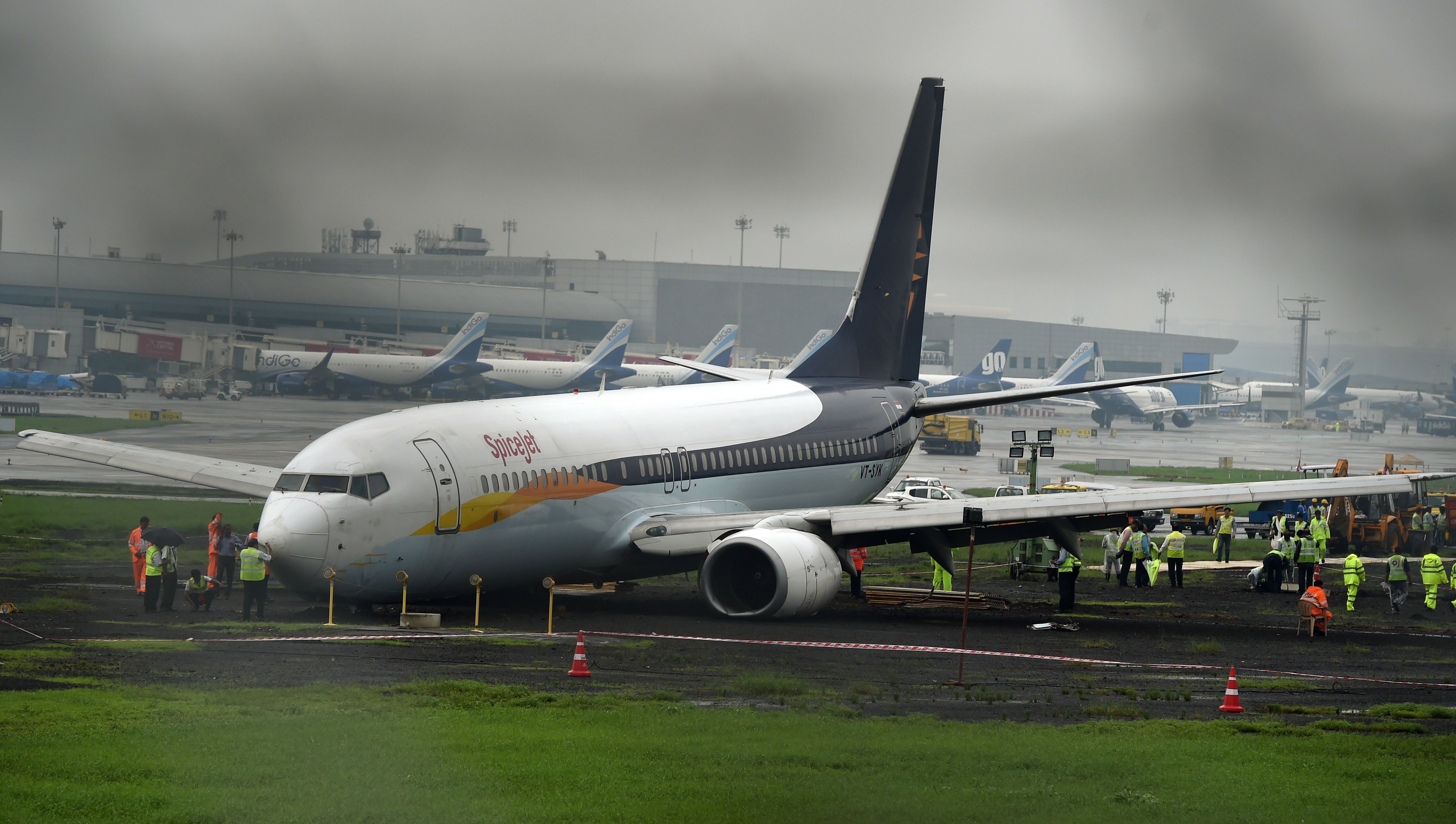 SpiceJet 737 overshoots runway at Mumbai airport.