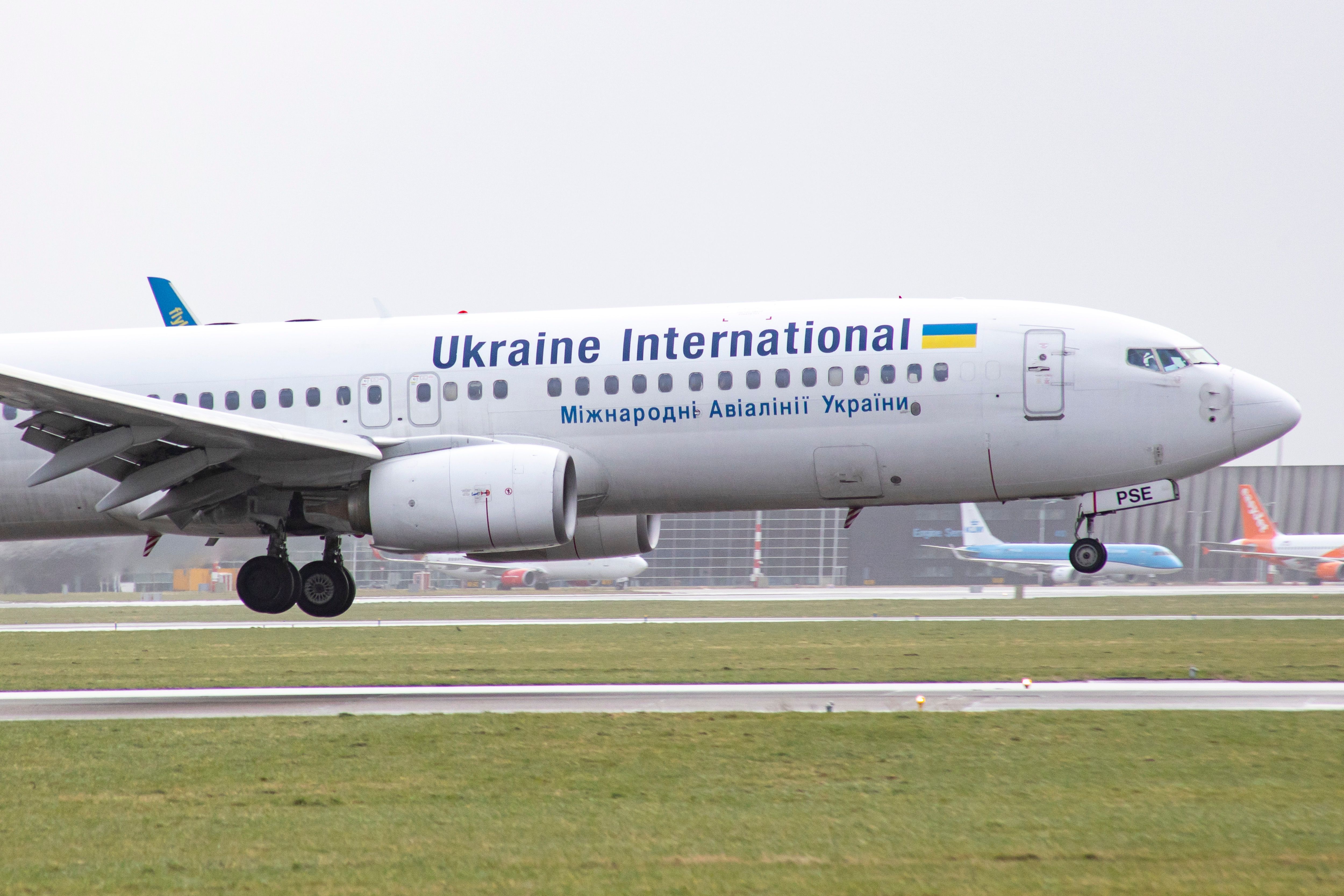 Ukraine International Aircraft 737-800 landing at Schiphol Airport 