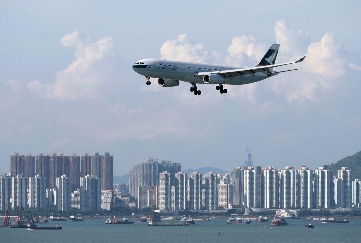 Cathay Pacific flying over Hong Kong