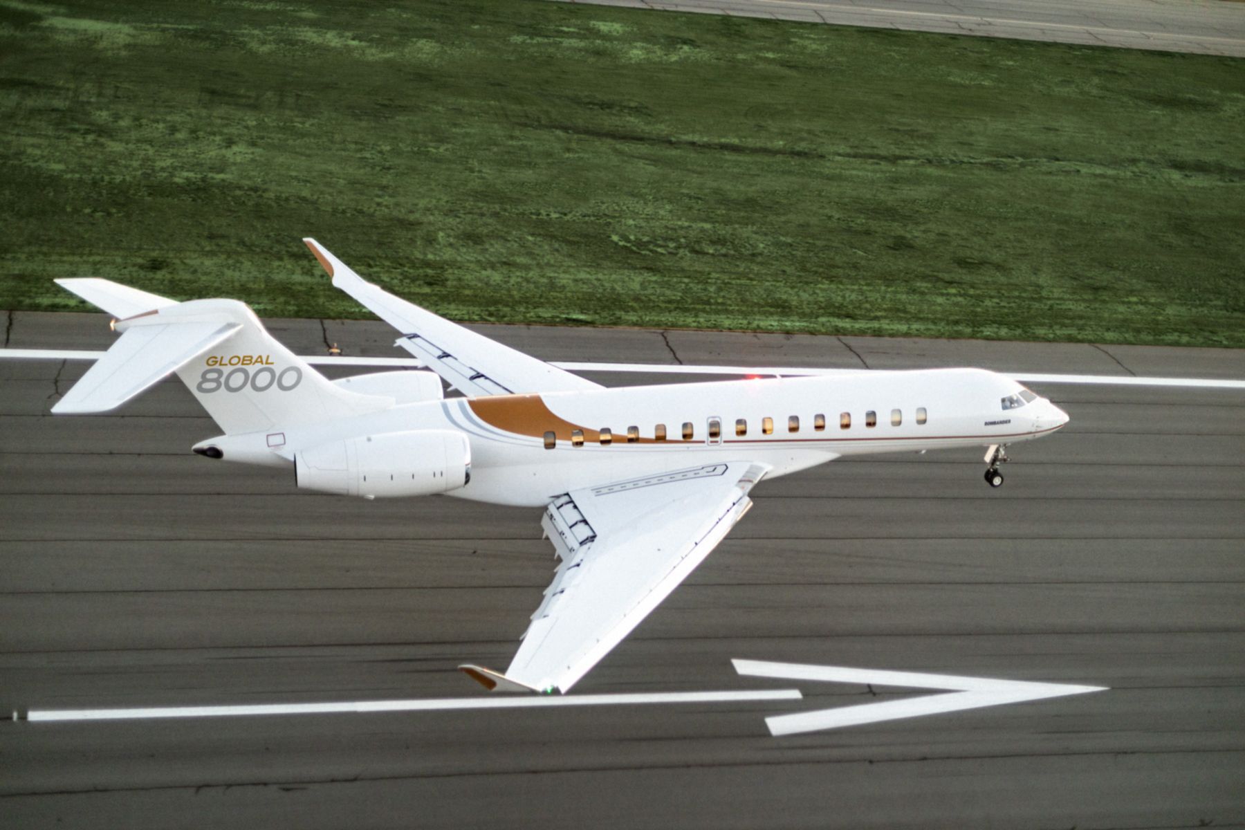 A Bombardier Global 8000 about to land.