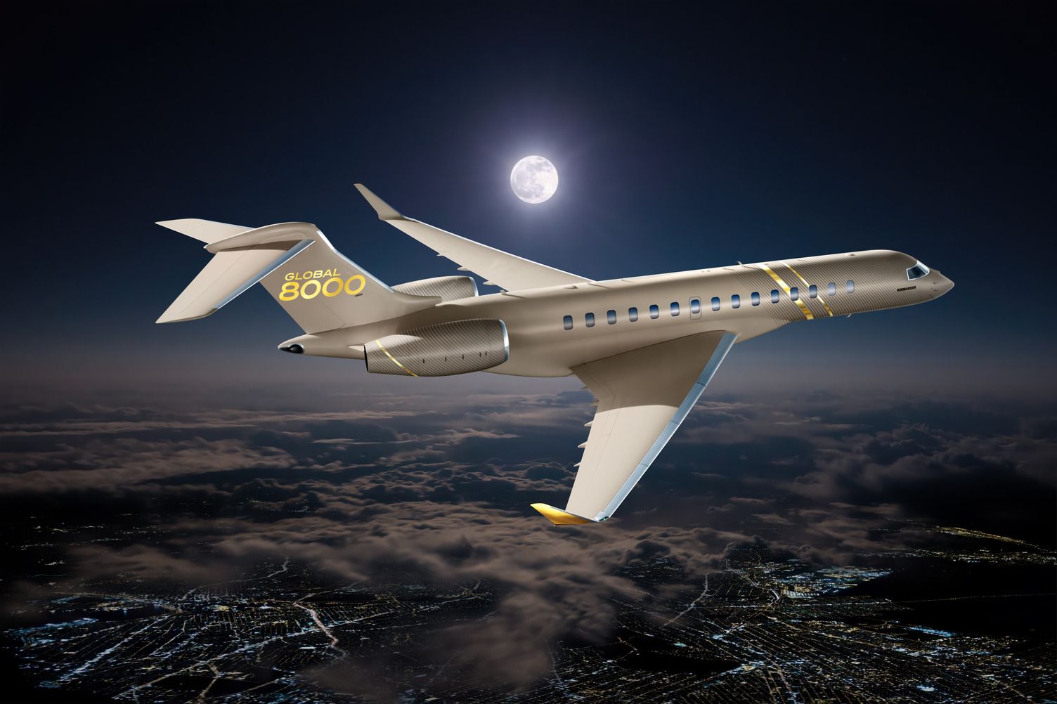A Bombardier Global 8000 in flight during night time.