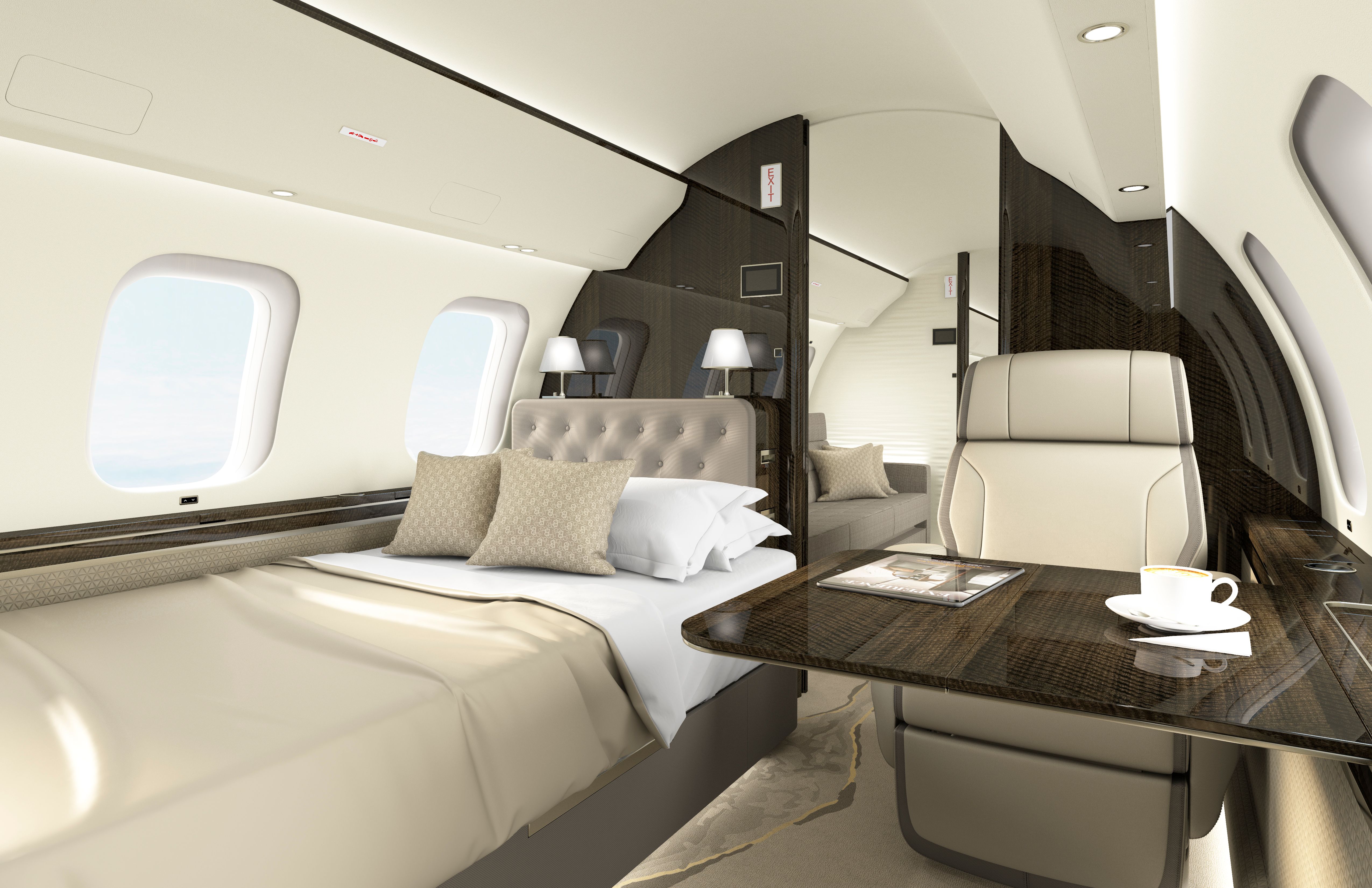 Inside the Principal Suite and bedroom of a Bombardier Global 8000.